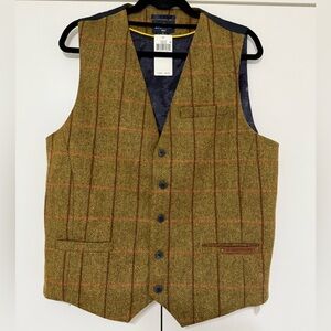 Breitling Olive Herringbone Wool Vest with Red Windowpane